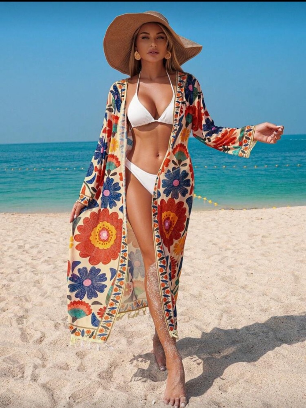 Colorful floral kimono swim cover up duster cardigan beach tassels boho gypsy - Picture 3 of 4